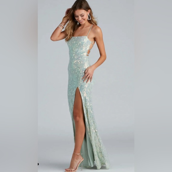 NWT Mint Green Sequin Lace Up Prom Dress - Picture 2 of 12